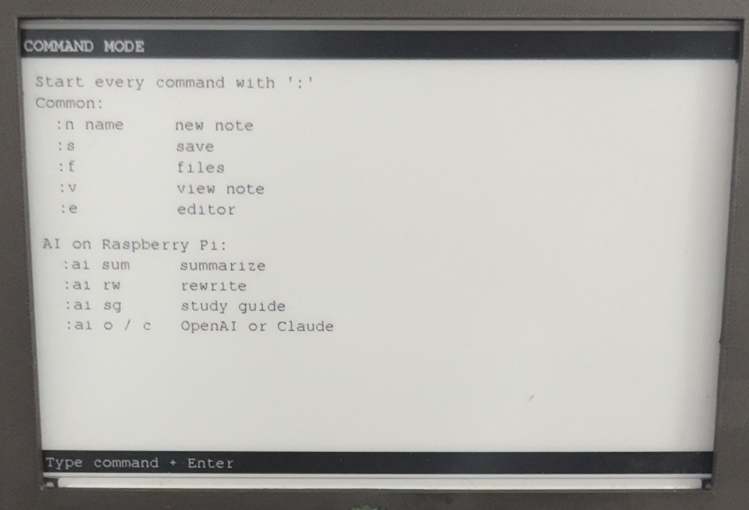 MonoScribe command mode showing keyboard shortcuts for notes, files, editing, and AI tools
