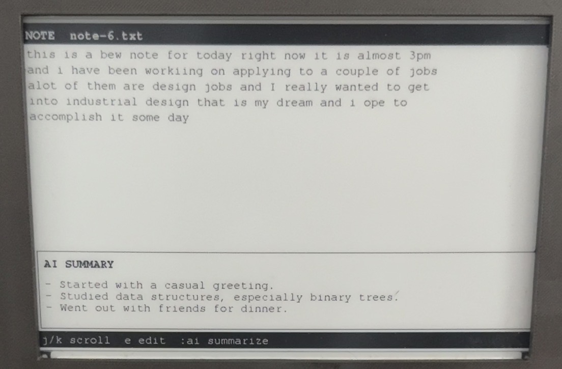 MonoScribe note view showing written text and an on-device AI summary