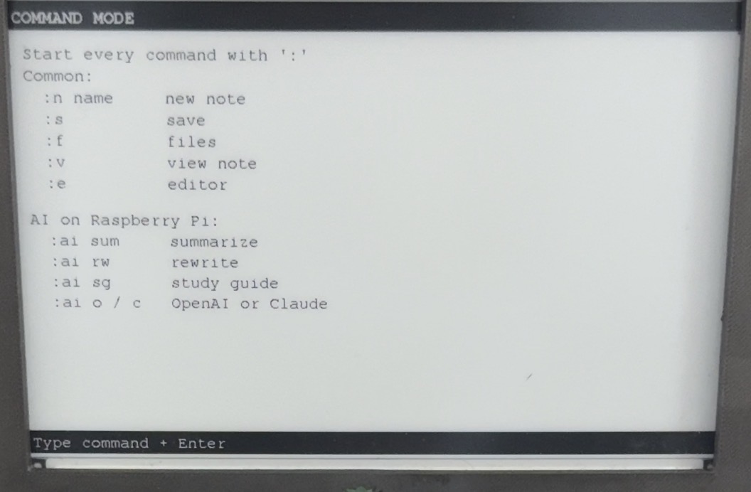 MonoScribe E-Ink command reference with note, file, editor, and AI actions