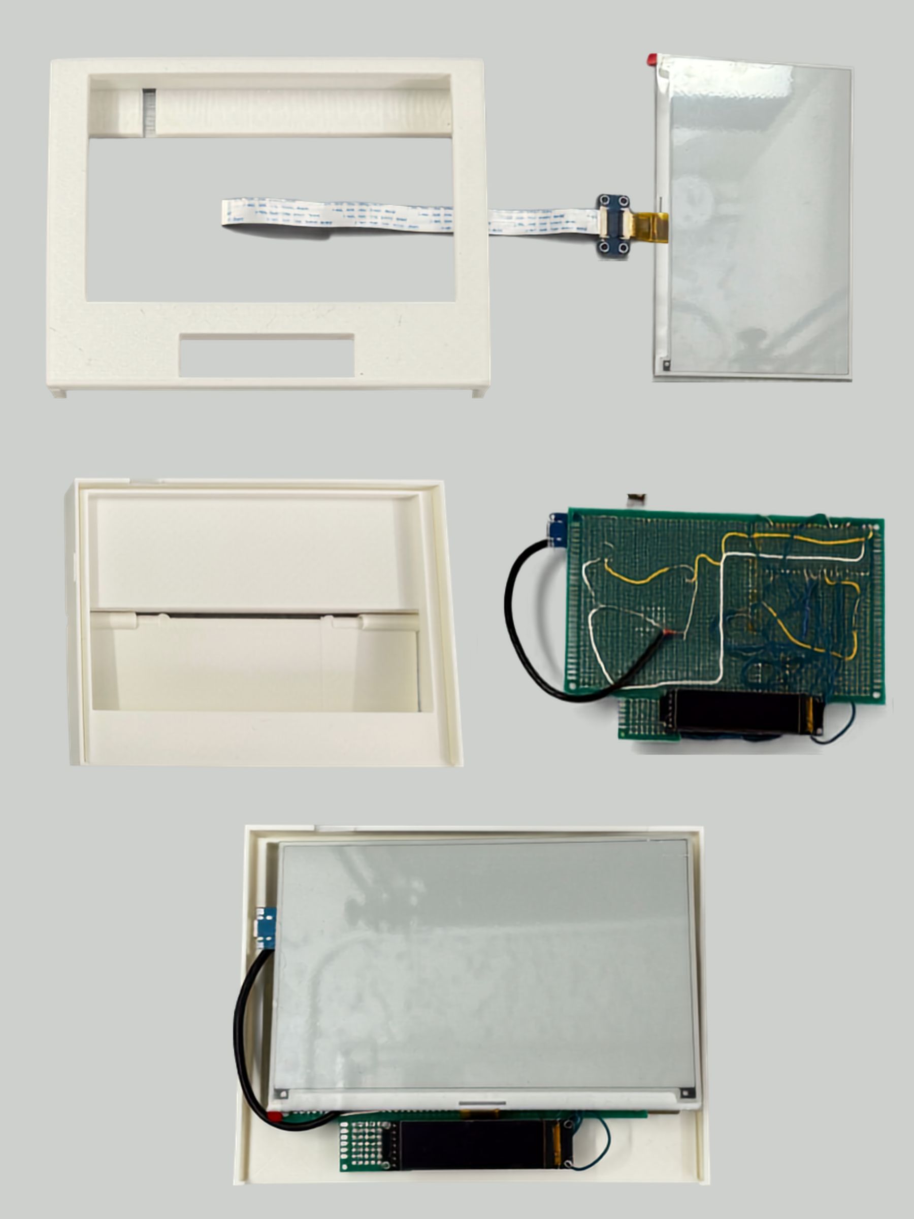 Exploded physical layout of the MonoScribe enclosure, E-Ink display, circuit board, and assembled screen housing